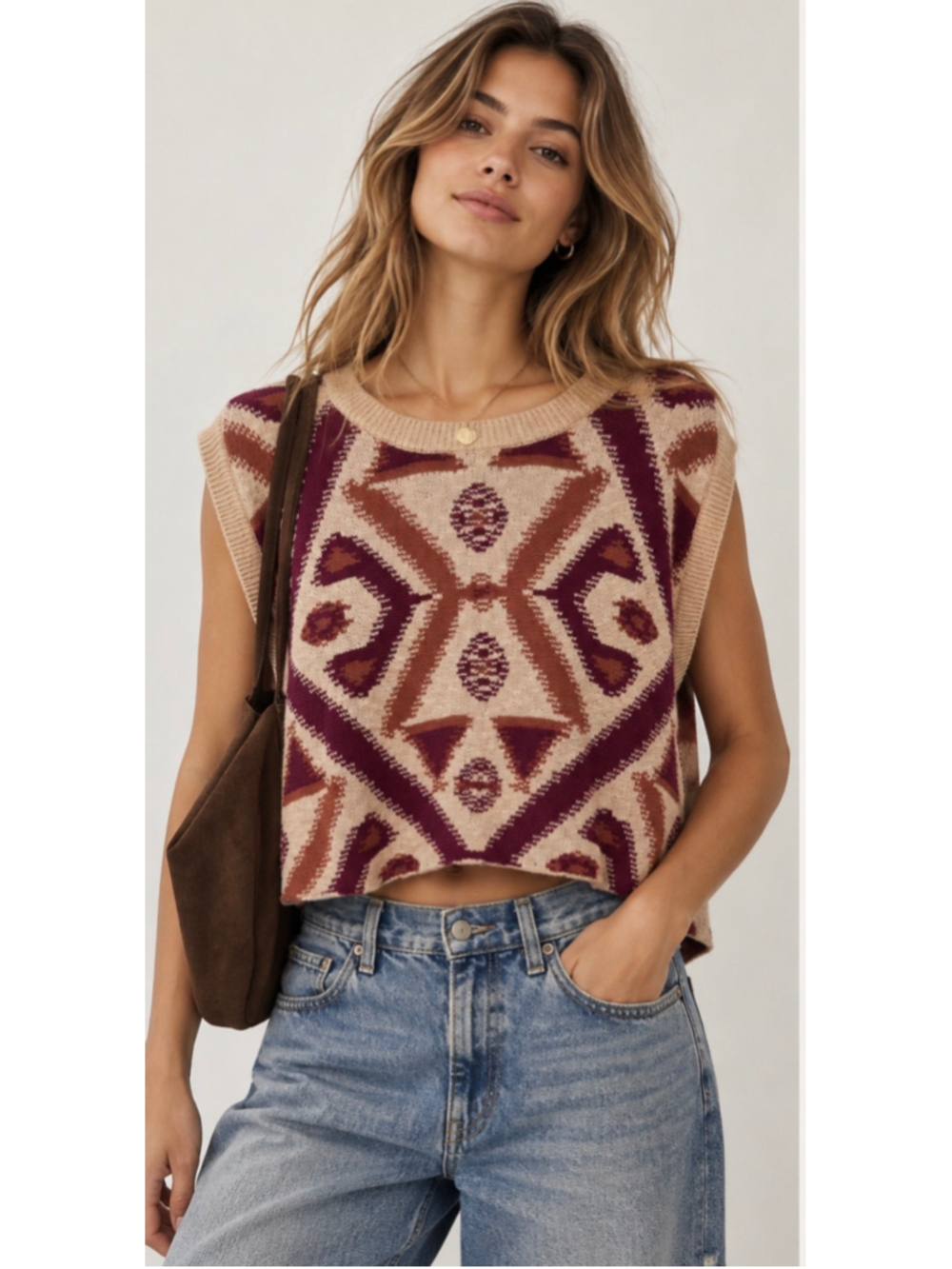 Free People Cyprus Sweater Vest XL Burgundy Tan Geometric Boho Cropped Knit